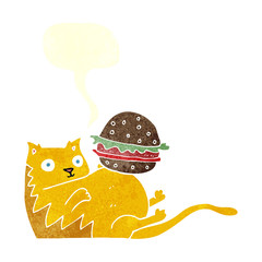 retro speech bubble cartoon fat cat with burger