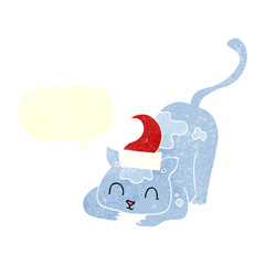 retro speech bubble cartoon cat wearing christmas hat