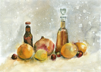 Watercolor painting. Still life with oranges, pomegranate and bottles on vintage background. - 103691210