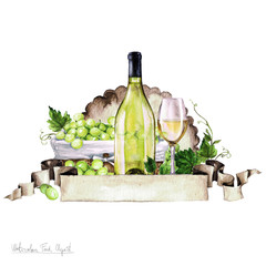 Watercolor Food - White Wine - obrazy, fototapety, plakaty