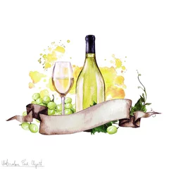 Gordijnen Watercolor Food - White Wine © nataliahubbert