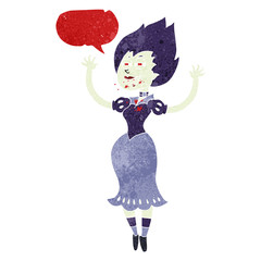 retro speech bubble cartoon vampire girl with bloody mouth