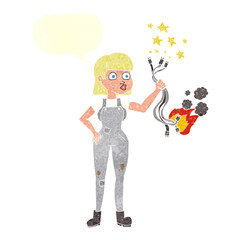 retro speech bubble cartoon female electrician