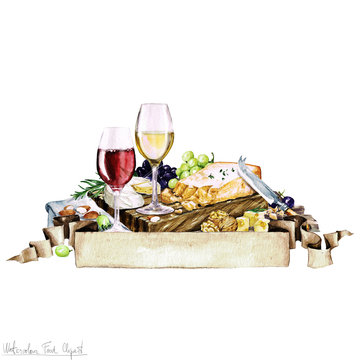 Watercolor Food - Cheese Board and Wine