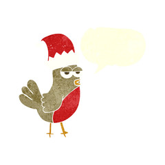 retro speech bubble cartoon robin in christmas hat