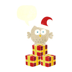 retro speech bubble cartoon little owl wearing christmas hat