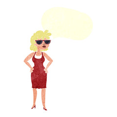 retro speech bubble cartoon woman wearing sunglasses