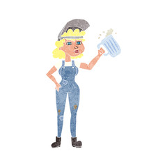 retro cartoon hard working woman with beer