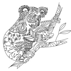 Zentangle patterned koala bear sitting on eucalyptus