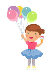 happy little girl with ice cream and balloons