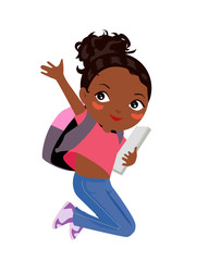 Fototapeta premium Happy jumping school girl, isolated on white background. School girl with bag