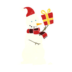 retro cartoon snowman holding present