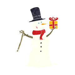 retro cartoon snowman holding present