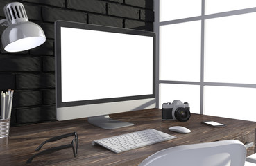 Fototapeta premium 3D illustration PC screen on table in office, Workspace