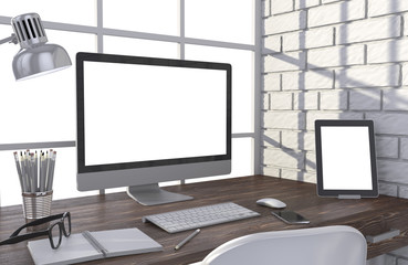 Fototapeta premium 3D illustration PC screen on table in office, Workspace