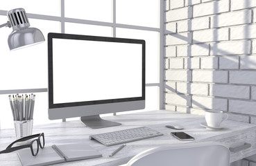 3D illustration PC screen on table in office, Workspace