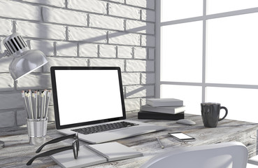 3D illustration laptop and work stuff on table near brick wall, Workspace