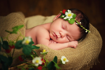 Newborn baby girl has sweet dreams in strawberries © Yarkovoy