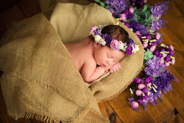 Sweet dreams of newborn baby. Beautiful little girl with lilac flowers