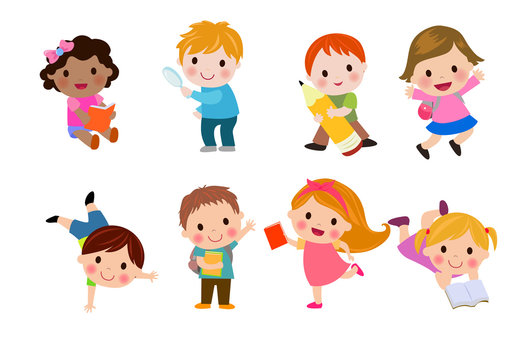 Kids go to school, back to school, Cute cartoon children, happy children, Vector Illustration.