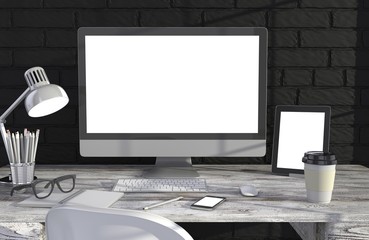 Fototapeta premium 3D illustration PC screen on table in office, Workspace