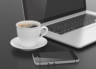 Laptop smartphone and coffee cup 