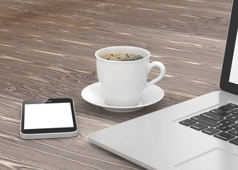 Laptop smartphone and coffee cup 