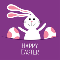 Happy Easter. Bunny rabbit hareand pained egg in the pocket. Baby greeting card. Violet background. Flat design.