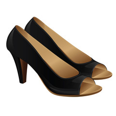 Obraz premium Classic woman shoes with open fingers. Black formal shoes isolated on white background