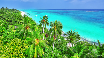 Shoreline of a tropical island in the Maldives and view of the I
