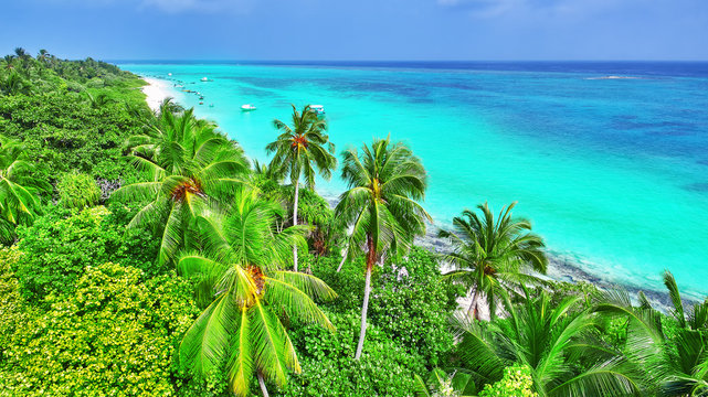 Shoreline of a tropical island in the Maldives and view of the I