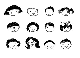 Group of sketch kids face set