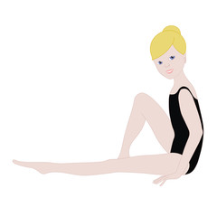 Girl gymnast in sports swimsuit. A teenage girl in a leotard. Girl ballerina sitting.