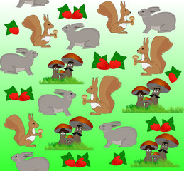 Cute cheerful seamless pattern with forest animals, mushrooms and berries