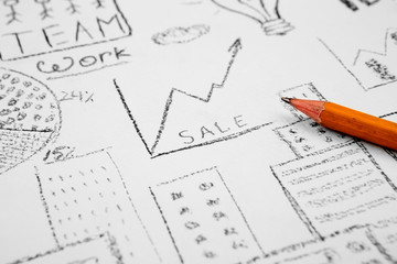  hand drawn picture with city view, diagrams and plan structure