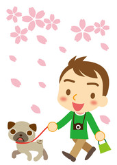 桜吹雪　ワンちゃんと男性