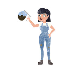 retro cartoon woman in dungarees with coffee