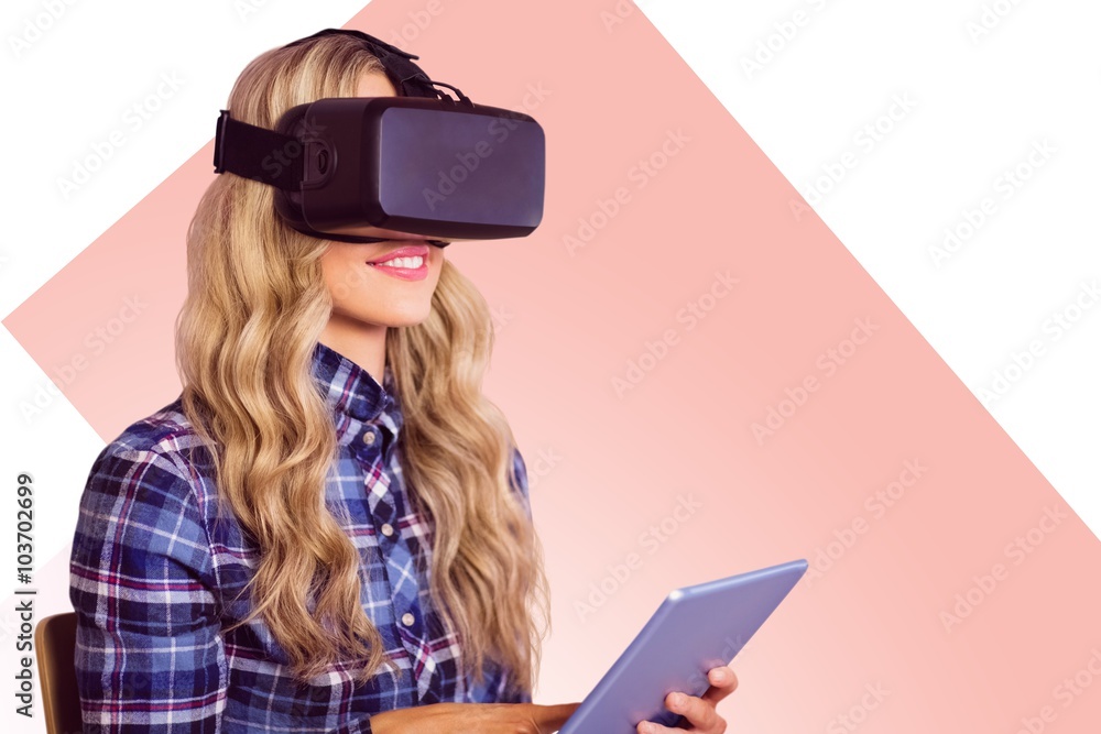 Poster composite image of pretty casual worker using oculus rift