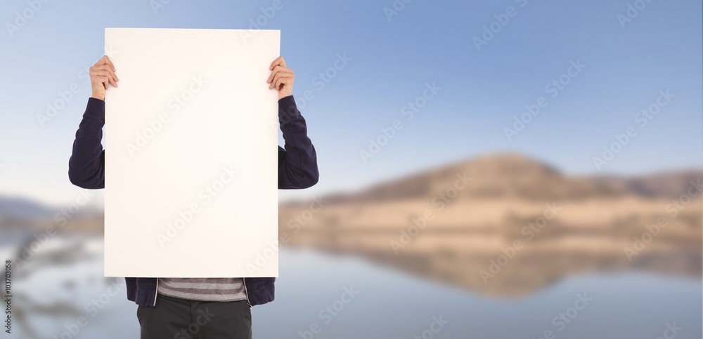 Poster composite image of man showing billboard in front of face