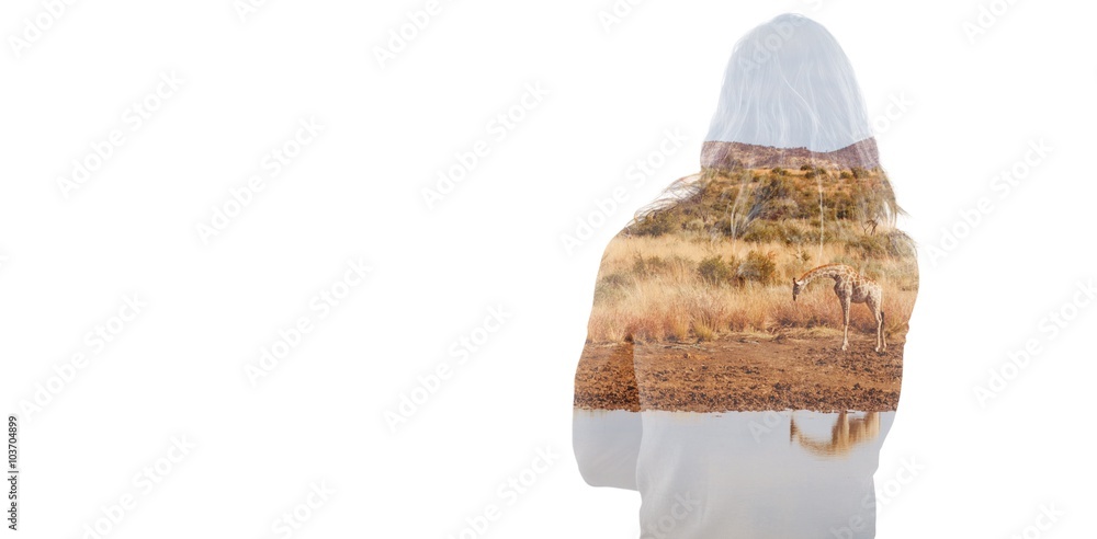 Poster composite image of rear view of man standing in front of glass