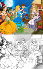 Cartoon mixed scene with poor girl and princess sorceress and with royal pair - with coloring page - illustration for the children