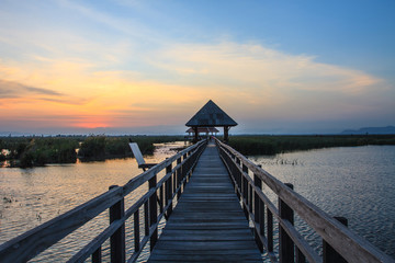 Fototapeta premium Wooden Bridge in lotus lake on sunset time