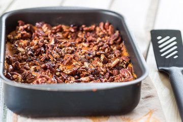 Homemade Mashed Sweet Potato Casserole with Caramelized Pecans
