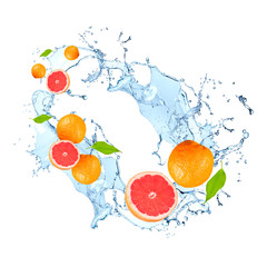 Fototapeta na wymiar Water splash with fruits isolated on white backgroud. Fresh grapefruits