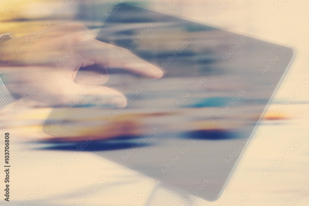 Poster composite image of man using tablet pc