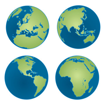 Illustration of Earth globes showing four different views of the continents. Africa, Asia, America, Europe and Australia