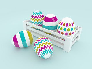 3d colored Easter eggs in wooden box