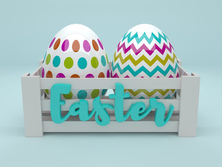 3d colored Easter eggs in wooden box