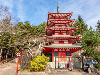 Red pagoda near Fuji mountain