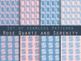 Set of geometric seamless patterns. Rose quartz and serenity violet colors. For wallpaper, bed linen, tiles, fabrics, backgrounds. Collection of vector illustrations.